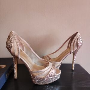 Bebe Sparkling Gold and Pink Heels